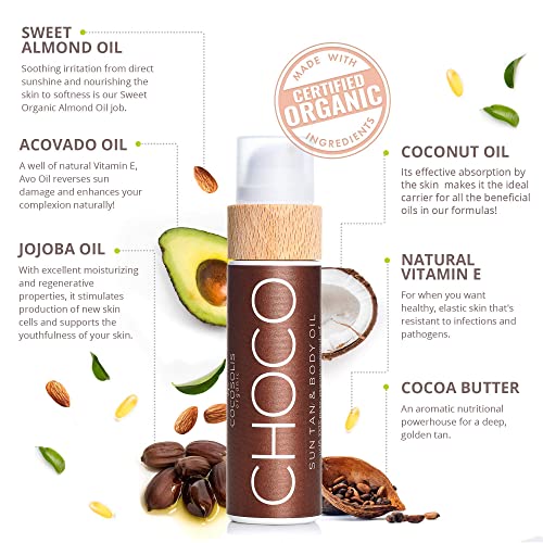 COCOSOLIS Choco - Acelerador de Bronceado con Vitamina E, Loción Bio Oil para un bronceado natural – Bronceadores Solares choco - Seis aceites naturales para una piel radiante - 110 ml