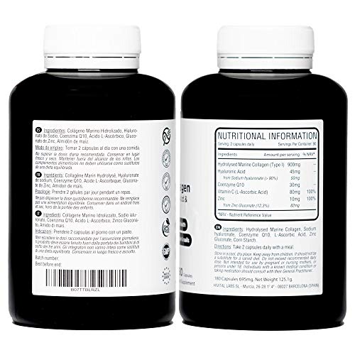 Colágeno Marino con Ácido Hialurónico, Coenzima Q10, Vitamina C y Zinc | 180 cápsulas (Suministro para 3 meses) | Péptidos que mantienen articulaciones, cartílagos, huesos, piel, cabello y uñas sanos