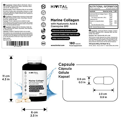 Colágeno Marino con Ácido Hialurónico, Coenzima Q10, Vitamina C y Zinc | 180 cápsulas (Suministro para 3 meses) | Péptidos que mantienen articulaciones, cartílagos, huesos, piel, cabello y uñas sanos