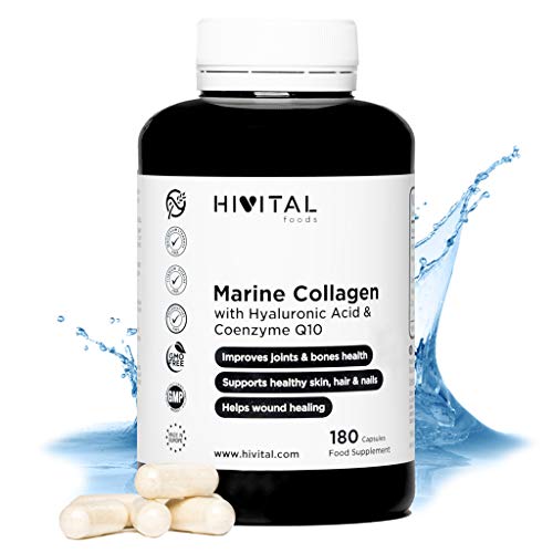 Colágeno Marino con Ácido Hialurónico, Coenzima Q10, Vitamina C y Zinc | 180 cápsulas (Suministro para 3 meses) | Péptidos que mantienen articulaciones, cartílagos, huesos, piel, cabello y uñas sanos