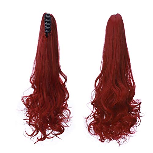 Coleta Postiza con Pinza Claw Ponytail Extensions de Cabello Natural Clip Pelo Sintético Coletero Postizo Lisa a Rizado Ondulado Se Ve Natural 45cm Rojo oscuro