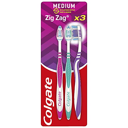 COLGATE Colgate Zig-Zag Medium - Cepillo de dientes - Mango con 25% de plástico reciclado - Juego de 3