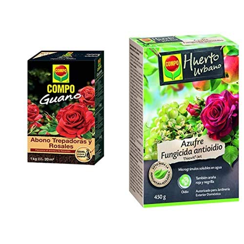 Compo 1 Kg Abono para Trepadoras Y Rosales con Guano Natural, Negro, 2 Kg + Azufre Fungicida Anti Oídio, Microgránulos Solubles En Agua, para Plantas Ornamentales, Arbustos Y Árboles, 450 G