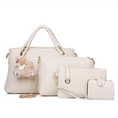 Conjunto de bolsa de cuero de PU de 4 piezas con asa superior para mujer (bolsa grande, bolso, bandolera, tarjetero), Beige