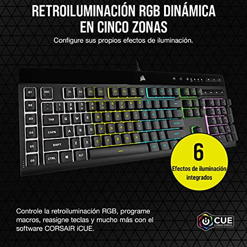 Corsair K55 RGB PRO Teclado para Juegos con Teclas de Membrana, Retroiluminación RGB Dinámica, 6 Teclas Macro con Integración el Software Elgato, Resistencia al Polvo y los Derrames, QWERTY, Negro