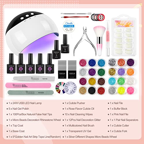 Coscelia Esmalte Semipermanente 5PCS Kit Uñas de Gel Pintauñas Soak off 10ML Secador de Uñas LED/U-V Gel Esmalte de Uñas Curado Luz Máquina 24W Nail Dryer Top Coat Base Coat Manicura Kit