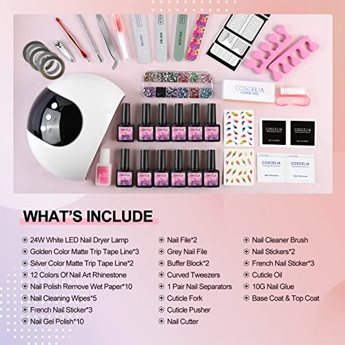 COSCELIA Kit de Esmalte de Uñas Semipermanente en Gel, 10 Colores Kit de Uñas con 24W Lámpara U-V/LED Capa Superior& Base Utensolios y Acceseorios, Diseño de Arte de Uñas, 8ml Cada Botella