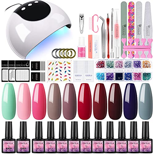 COSCELIA Kit de Esmalte de Uñas Semipermanente en Gel, 10 Colores Kit de Uñas con 24W Lámpara U-V/LED Capa Superior& Base Utensolios y Acceseorios, Diseño de Arte de Uñas, 8ml Cada Botella