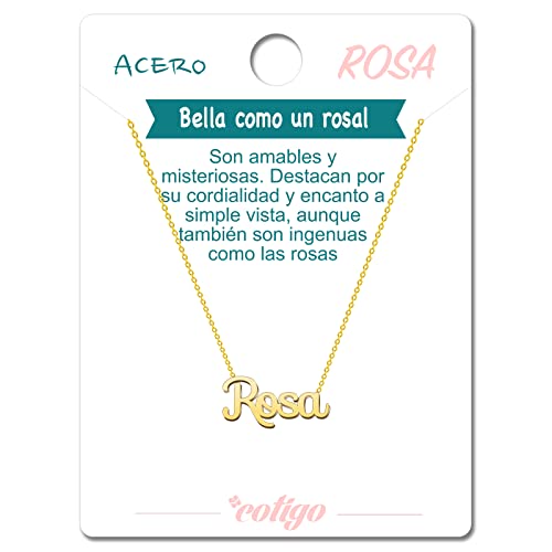 Cotigo Collar Nombre Rosa Acero Incluye Tarjeta Significado Hermoso Colgante Plateado o Dorado-Regalos Personalizados Mujer Cumpleaño Navidad Día de madre San valentín (Rosa-Dorado)