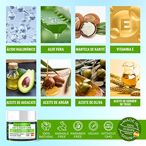 Crema Antiarrugas Mujer y Hombre con Ácido Hialurónico Hecho en España - Crema Facial Antiedad Hidratante Vegano con Aloe Vera y Vitamina E con Ingredientes Orgánicos para Día y Noche MONTERAL