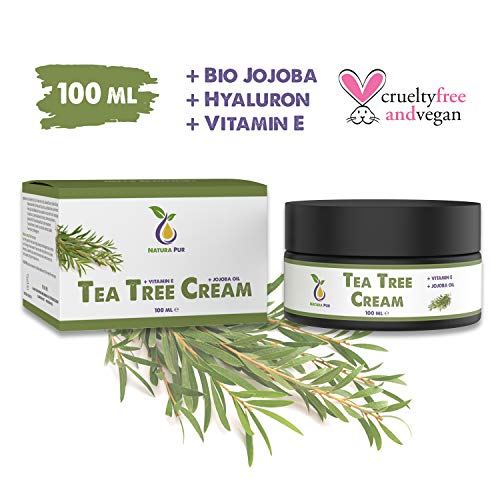 Crema de árbol de té 100ml, vegana - para uso en pieles con manchas, inflamación de la piel, crema anti espinillas y anti-acné