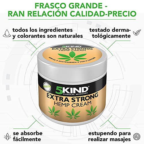 Crema Extrafuerte de Cáñamo Para El Alivio Del Dolor, La Tensión Y El Estrés En Las Articulaciones Y Músculos. Fórmula A Base De Aceite De Cáñamo Rica En Extractos Naturales Elaborada Por 5Kind.