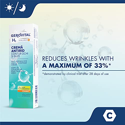 Crema Hidratante Antiarrugas Contorno de Ojos y Labios, con 2% de Ácido Hialurónico y Vitamina C, Reduce Significativamente las Líneas de Expresión, Gerovital H3 Hyaluron C