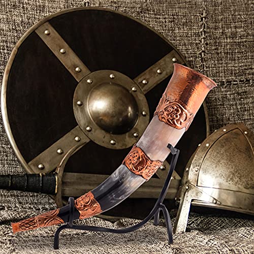 Cuerno vikingo auténtico de Divit, con pantalla de madera, auténtico cuerno medieval, adornos de latón y bolsa de regalo de lino incluida (Copper, Polished)