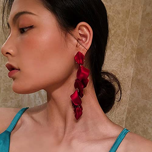 CXWK Pendientes Colgantes Vintage para Mujer, Pendientes Largos con borlas de pétalo de Rosa Sexis, joyería Coreana Femenina, Pendientes Rojos