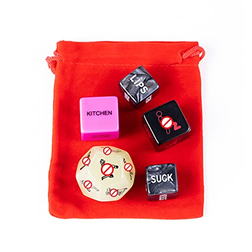 Dados para Juegos de Pareja - Set de 5 - Incluye Bolsa de Felpa Roja, Pluma y Petalos Aromaticos - Entrega Desde España