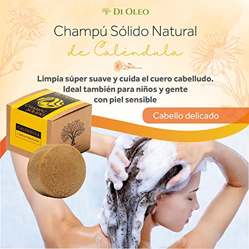 Di Oleo Champú Sólido de Caléndula Cabello Delicado, Champú Natural y Vegano para el cuidado del pelo, Hombre y Mujer, Fabricado en España, 100 g