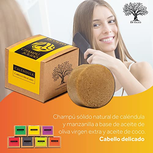 Di Oleo Champú Sólido de Caléndula Cabello Delicado, Champú Natural y Vegano para el cuidado del pelo, Hombre y Mujer, Fabricado en España, 100 g