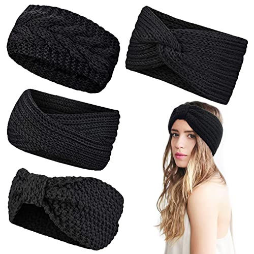 Diadema Mujer, 4 Piezas Invierno Diadema de Punto, Diademas Mujer Invierno, Agradable a la Piel, Fuerte Elasticidad de Diademas para Sombreros, Accesorios para el Cabello (negro)