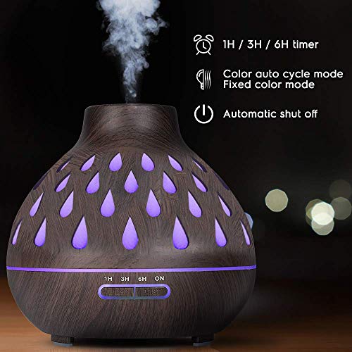 Difusor de aceite esencial (500 ml), humidificador ultrasónico, difusores de aromaterapia con luces LED y apagado automático sin agua, para dormitorio / oficina / sala de yoga (marrón oscuro)