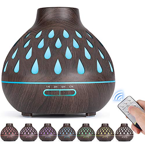 Difusor de aceite esencial (500 ml), humidificador ultrasónico, difusores de aromaterapia con luces LED y apagado automático sin agua, para dormitorio / oficina / sala de yoga (marrón oscuro)