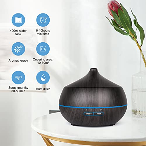 Difusor de aceites esenciales, humidificador: 400 ml, ultrasónico, difusor de aire eléctrico, aromaterapia, nebulizador de madera, aroma frío, humidificador con luz LED, apartamento, oficina