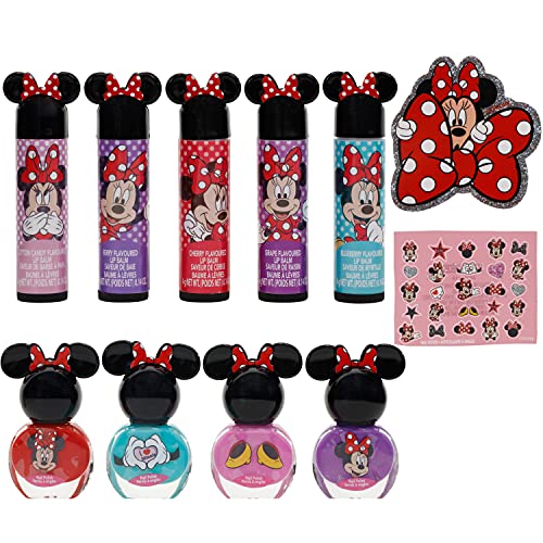 Disney Minnie Mouse - Townley Girl Juego de maquillaje cosmético brillante para niñas con bálsamo labial, pegatinas para esmalte de uñas, 35 piezas por encima de 3 años