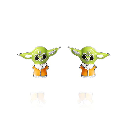 Disney Star Wars "The Mandalorian" The Child Sterling Silver 3D Grogu Enamel Stud Earrings, Officially Licensed