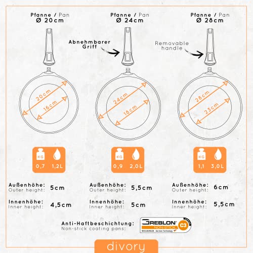 Divory Juego de sartenes, diámetro 20, 24, 28 cm, Mango Extraíble, Apta para Inducción, Recubrimiento Antiadherente, Sartén de Inducción Antiadherente de Aluminio Alta + Protector de Sartén