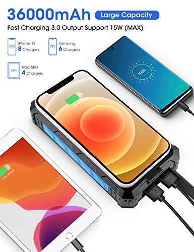 DJROLL Cargador Solar Portátil 36000mAh, Banco de energía Solar, Power Bank Solar Carga Rápida 3 Puertos de Salida con LED Linterna USB Cargador Rápido de Teléfono Celular para Viajes Camping