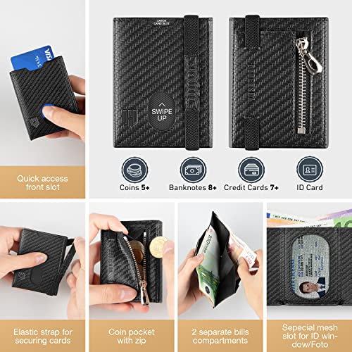 DODENSHA Cartera para Hombre con Monedero Carteras Hombre Pequeña Billetera Hombre RFID Tarjetero Monedero Hombre con Cremallera 7 Ranuras para Tarjetas, 1 Ranuras para ID, Banda Elástica (Negro)