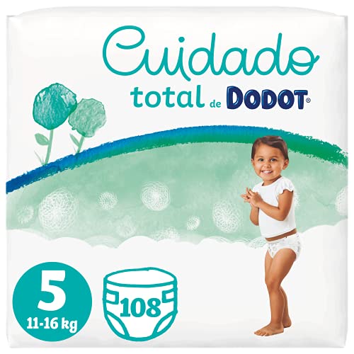 Dodot Pañales Bebé Cuidado Total Talla 5 (11-16 kg), 108 Pañales, Suave Protección de la Piel de Dodot con Ingredientes de Origen Vegetal