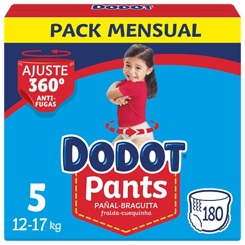 Dodot Pañales Bebé Pants Talla 5 (12-17 kg), 180 Pañales, Pañal-Braguita con Ajuste 360° Anti-Fugas, Pack Mensual