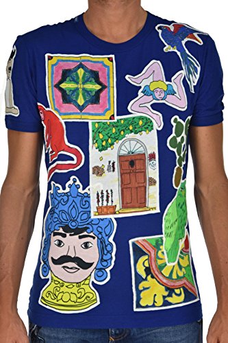 Dolce & Gabbana Camiseta de hombre azul de algodón con cuello redondo y parche con logo Talla IT44 azul claro 44