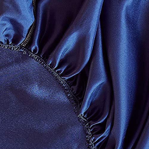 DOMDIL- Sábana Bajera Ajustable de satén, Antiarrugas, Suave y cómoda, 135 x 190 cm, Azul Oscuro