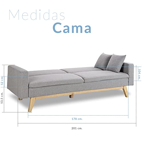 Don Descanso, Sofá Cama 3 plazas Reine, Tapizado en Tela, Color Gris Claro, Sistema Apertura de Libro o Clic-clac, Medida sofá: 201x73x79 cm, Medida Cama: 201x99x42 cm, Incluye 2 Cojines