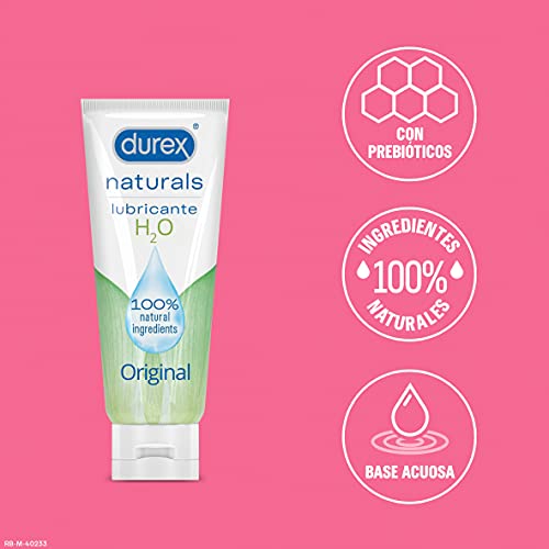 Durex Naturals Lubricante a Base de Agua, 100% Natural sin Fragancia, Colorantes ni Agentes Irritantes – Pack 2 x 100 ml