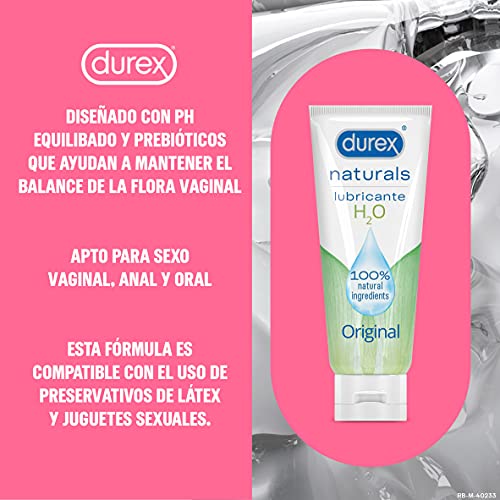 Durex Naturals Lubricante a Base de Agua, 100% Natural sin Fragancia, Colorantes ni Agentes Irritantes – Pack 2 x 100 ml