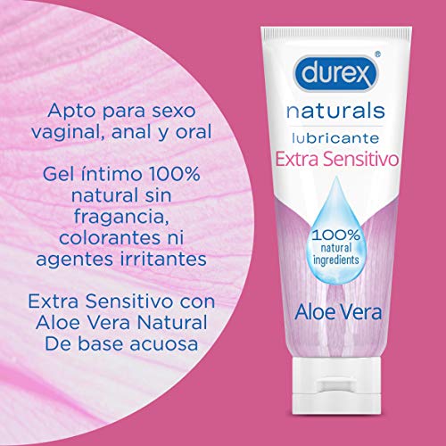 Durex Naturals Lubricante De Base Agua 100% Natural Extra Sensitivo Con Aloe Vera + Anillo De Placer Para Mayor Firmeza, Negro, 100 ml, 2 Mililitro