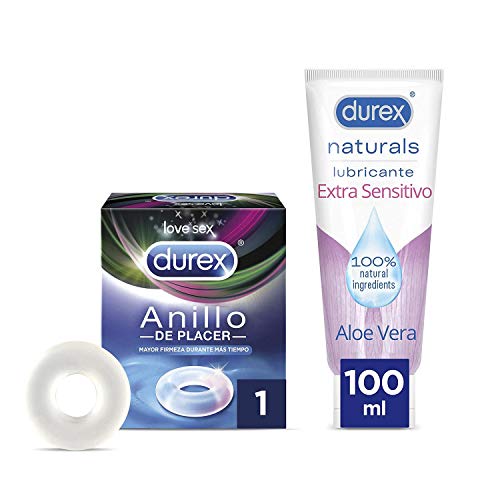 Durex Naturals Lubricante De Base Agua 100% Natural Extra Sensitivo Con Aloe Vera + Anillo De Placer Para Mayor Firmeza, Negro, 100 ml, 2 Mililitro