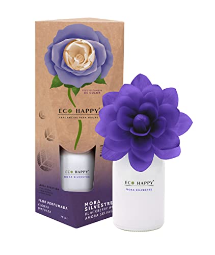 ECO HAPPY Ambientador de Flor Perfumada Que Cambia de Color. Fragancia a Mora Silvestre, Dulce y afrutada de Larga duración. 75 ml.