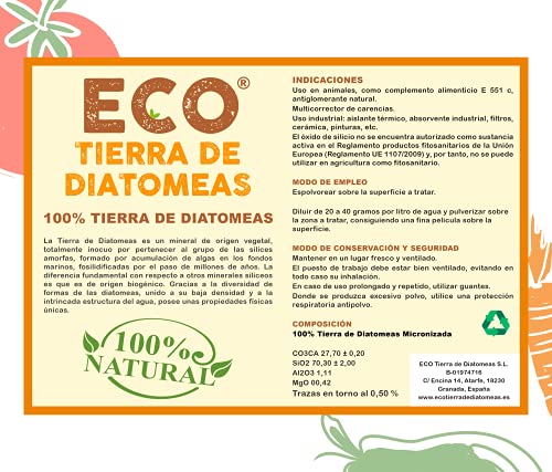 ECO Tierra de Diatomeas® Micronizada 5kg - 100% Natural y Ecológico - Grado alimenticio E551c. No calcinada, sin aditivos.