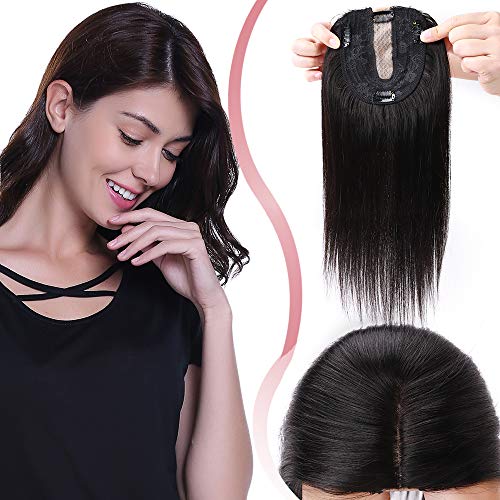 Elailite Protesis Capilar Mujer Pelo Natural Clip Extensiones Hair Topper Toupee Capilares Frontal Cabello Humano Remy 130% Densidad 35cm (45g) #1B Negro Natural