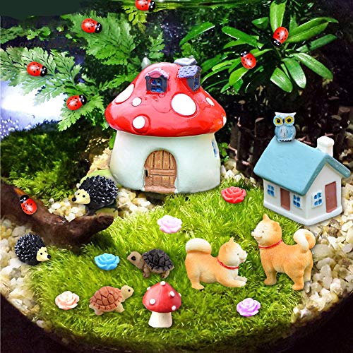 EQLEF Miniaturas Jardin Mini Mariquita Tortuga Erizo Setas búhos niñas niños Flores de Perro Kits de Adornos en Miniatura encantadores para decoración de jardín 40 Piezas