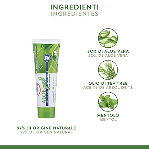 Equilibra Cuidado Bucal, Gel Dentífrico de Triple Acción de Aloe Vera, Acción Calmante y Antiséptica, Protege Contra las Caries, el Sarro y las Enfermedades de las Encías, 75 ml