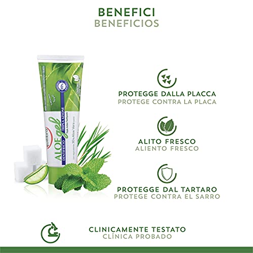 Equilibra Cuidado Bucal, Gel Dentífrico de Triple Acción de Aloe Vera, Acción Calmante y Antiséptica, Protege Contra las Caries, el Sarro y las Enfermedades de las Encías, 75 ml