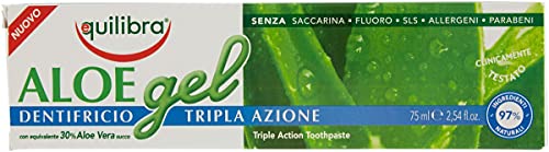 Equilibra Cuidado Bucal, Gel Dentífrico de Triple Acción de Aloe Vera, Acción Calmante y Antiséptica, Protege Contra las Caries, el Sarro y las Enfermedades de las Encías, 75 ml