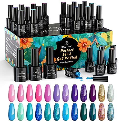 Esmaltes Semipermanentes, Kastiny 27PCS Rosa Azul Océano Sirena Colección Pintauñas Semipermanente con Base, Capa Superior Brillante y Mate, Uñas Gel UV LED para Navidad y Año Nuevo