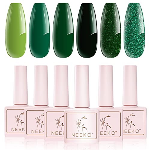 Esmaltes Semipermanentes, NEEKO 6 Colores Pintauñas Semipermanente, Remoje el Esmalte de uñas en Gel UV LED para Salón de uñas， Verde Clásico