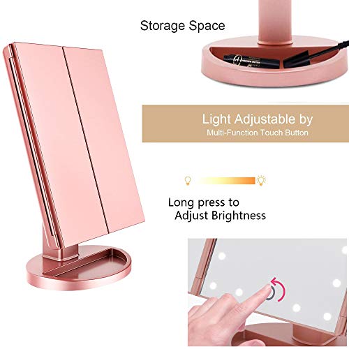 Espejo Maquillaje con Luz, Espejo de Maquillaje Tríptico con Aumento 1X, 2X, 3X, 21 Luces LED, Pantalla Táctil Lámparas, Brillo Ajustable, Rotación de 90° Espejo Cosmético Carga con USB (Oro rosa)